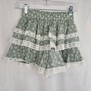 Alter'd State Green Floral Ruffle Shorts Size XS Lace Trim Skort Cotton Prarie